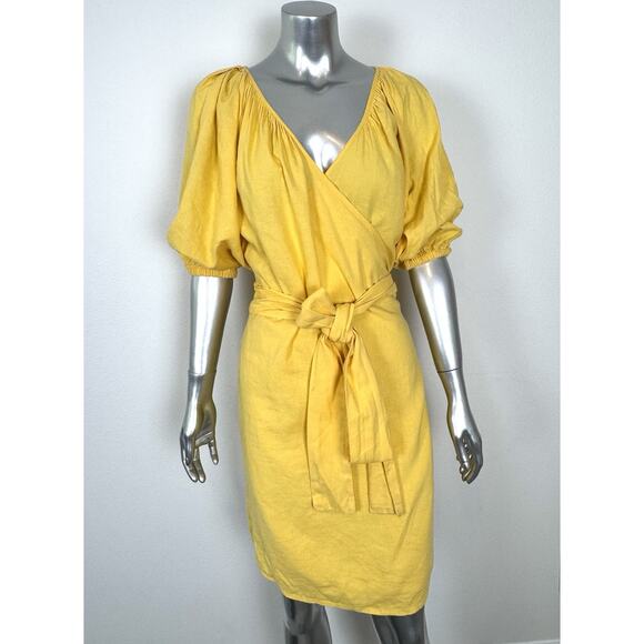 Banana Republic Linen Blend Wrap Dress Poppy Yellow Puff Sleeve SP - Picture 4 of 10